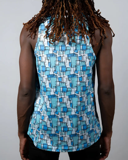 A blue and white geometric patterned wallpaper print tank sleeveless top ideal for casual summer wear