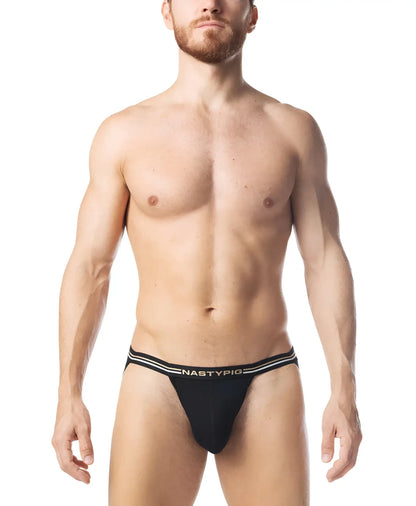Black nastypig warm up jockstrap briefs with white striped trim designed for comfortable support and style