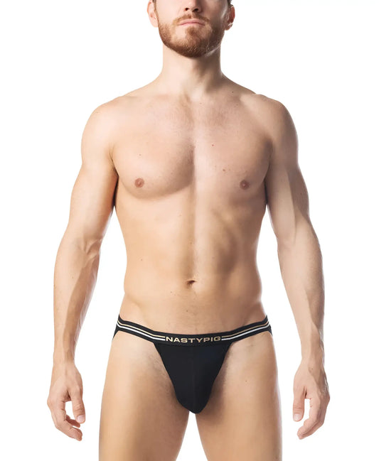 Black nastypig warm up jockstrap briefs with white striped trim designed for comfortable support and style
