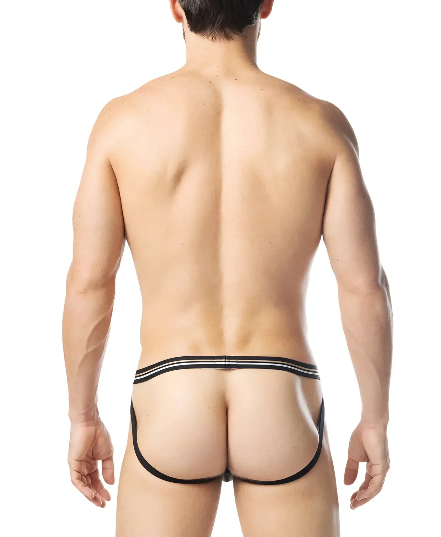 Black warm up jockstrap thong with two thin white stripes on the waistband showing the back side