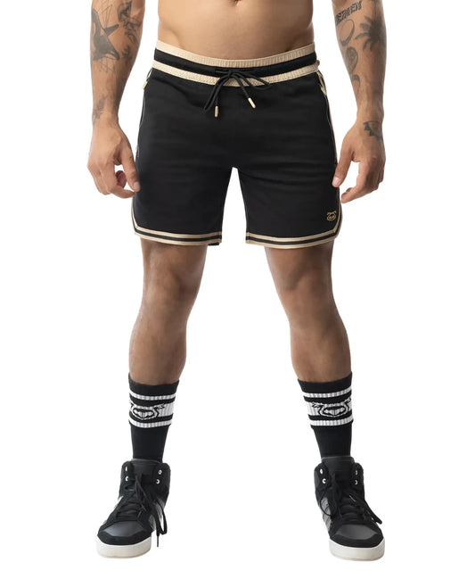 Black warm up rugby shorts with beige trim and drawstring waistband for athletic use