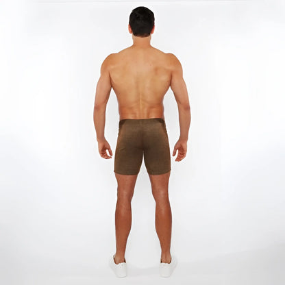 Brown washed denim stretch knit shorts with a subtle textured pattern and a form-fitting design