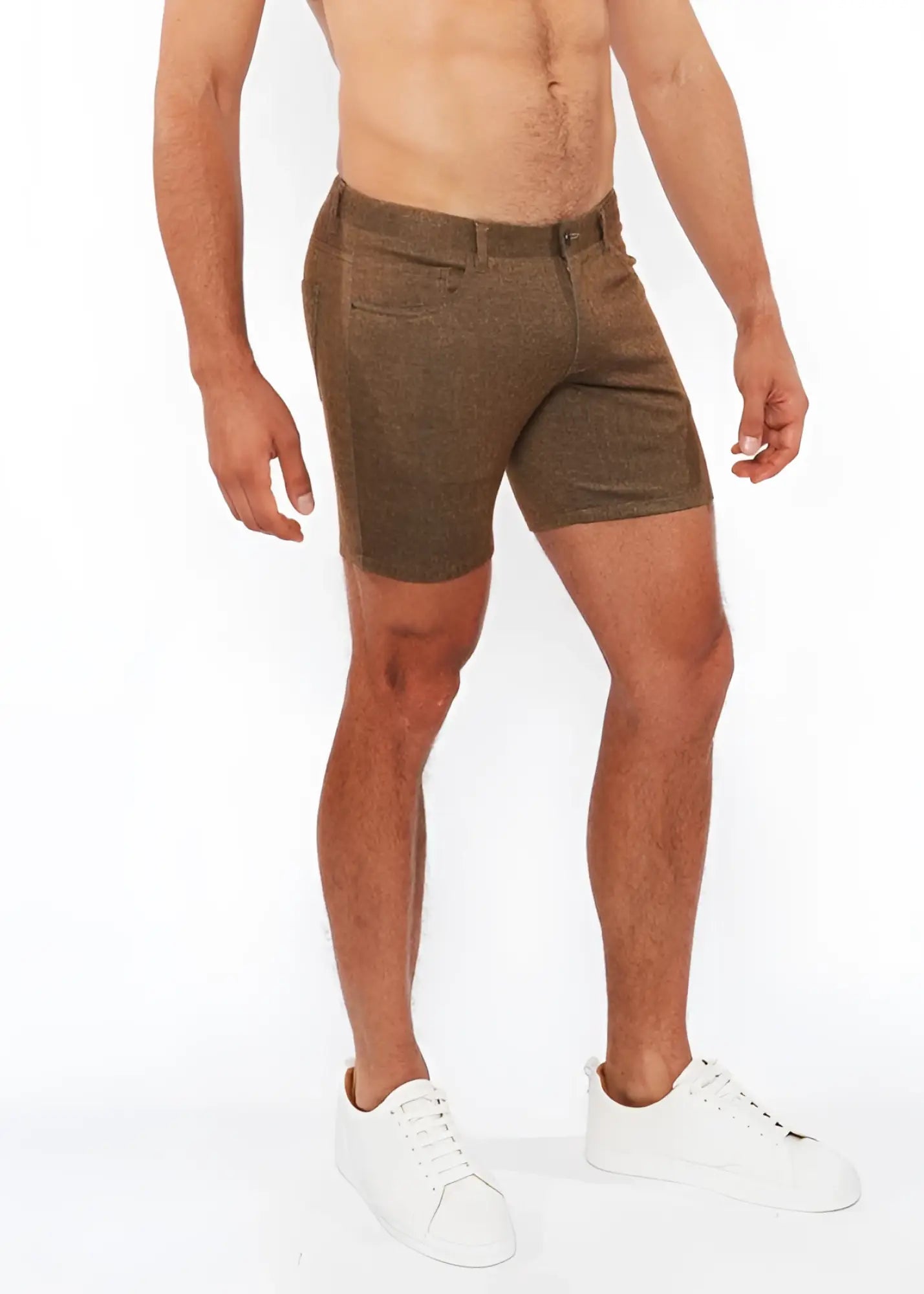 Brown textured washed denim stretch knit shorts with subtle pattern and classic design for casual wear