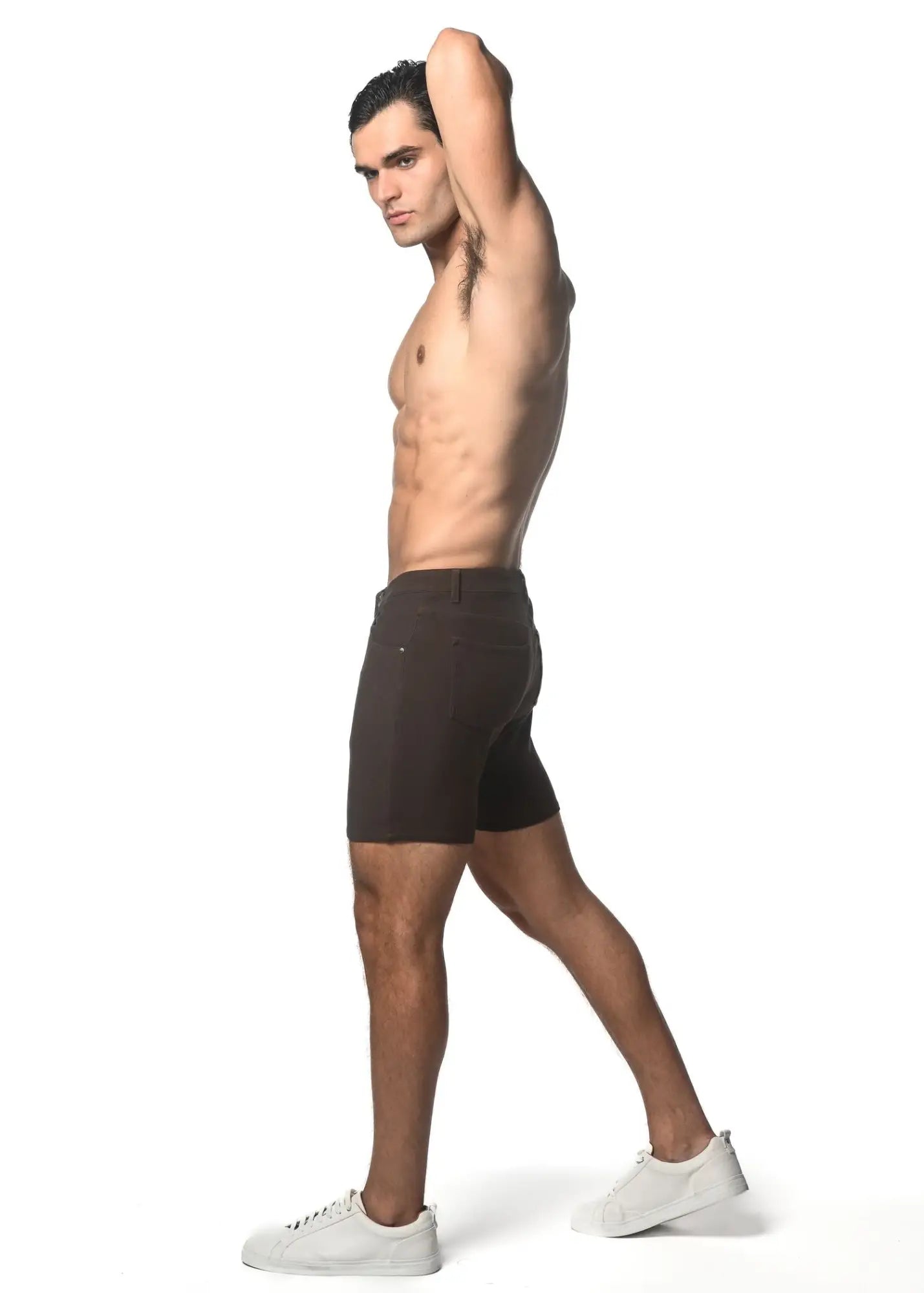 Dark brown tailored washed denim stretch knit shorts with a sleek modern design for comfortable wear