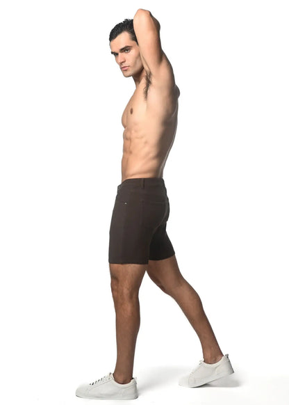 Dark brown tailored washed denim stretch knit shorts with a sleek modern design for comfortable wear