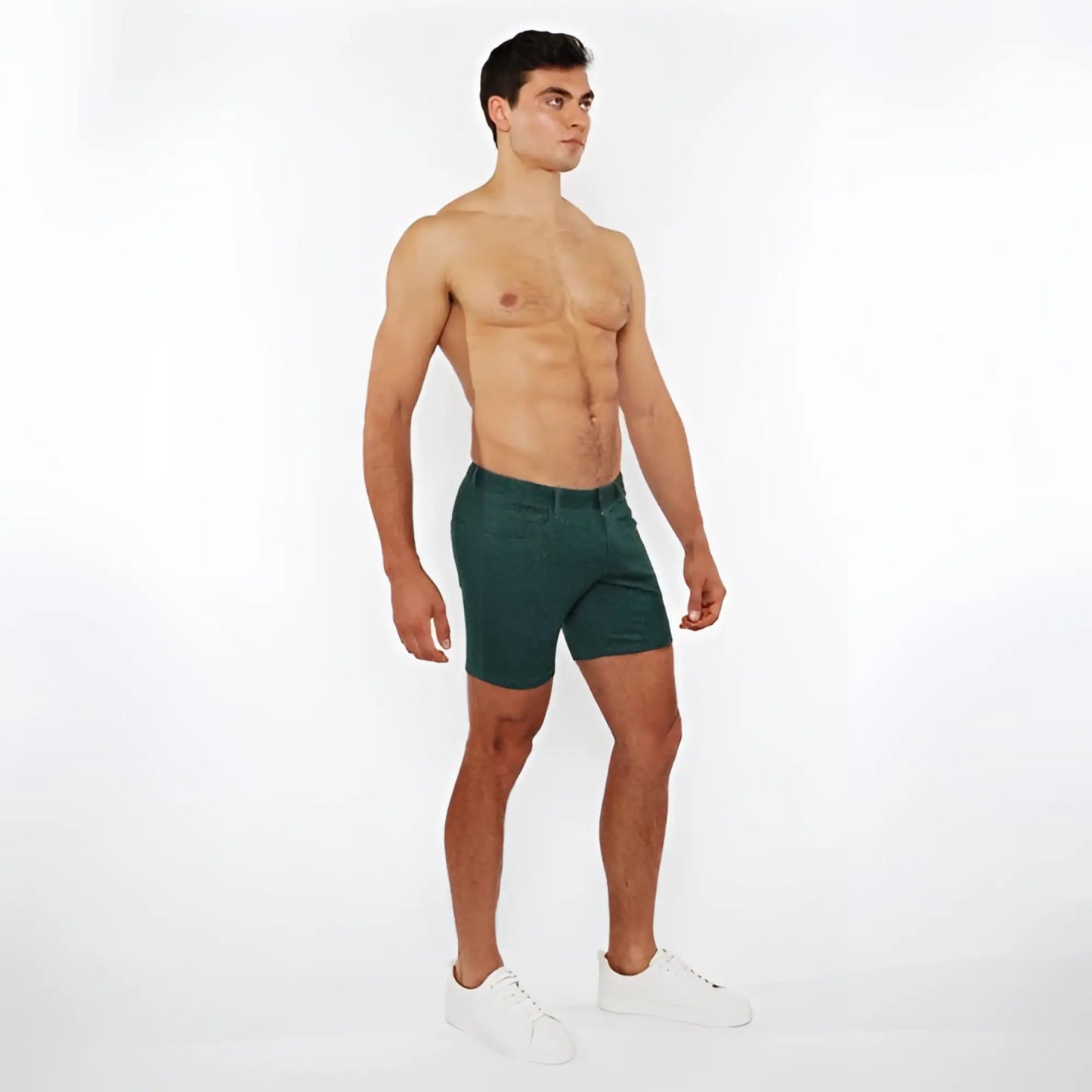 Dark green washed denim stretch knit shorts with classic five-pocket design and belt loop detailing