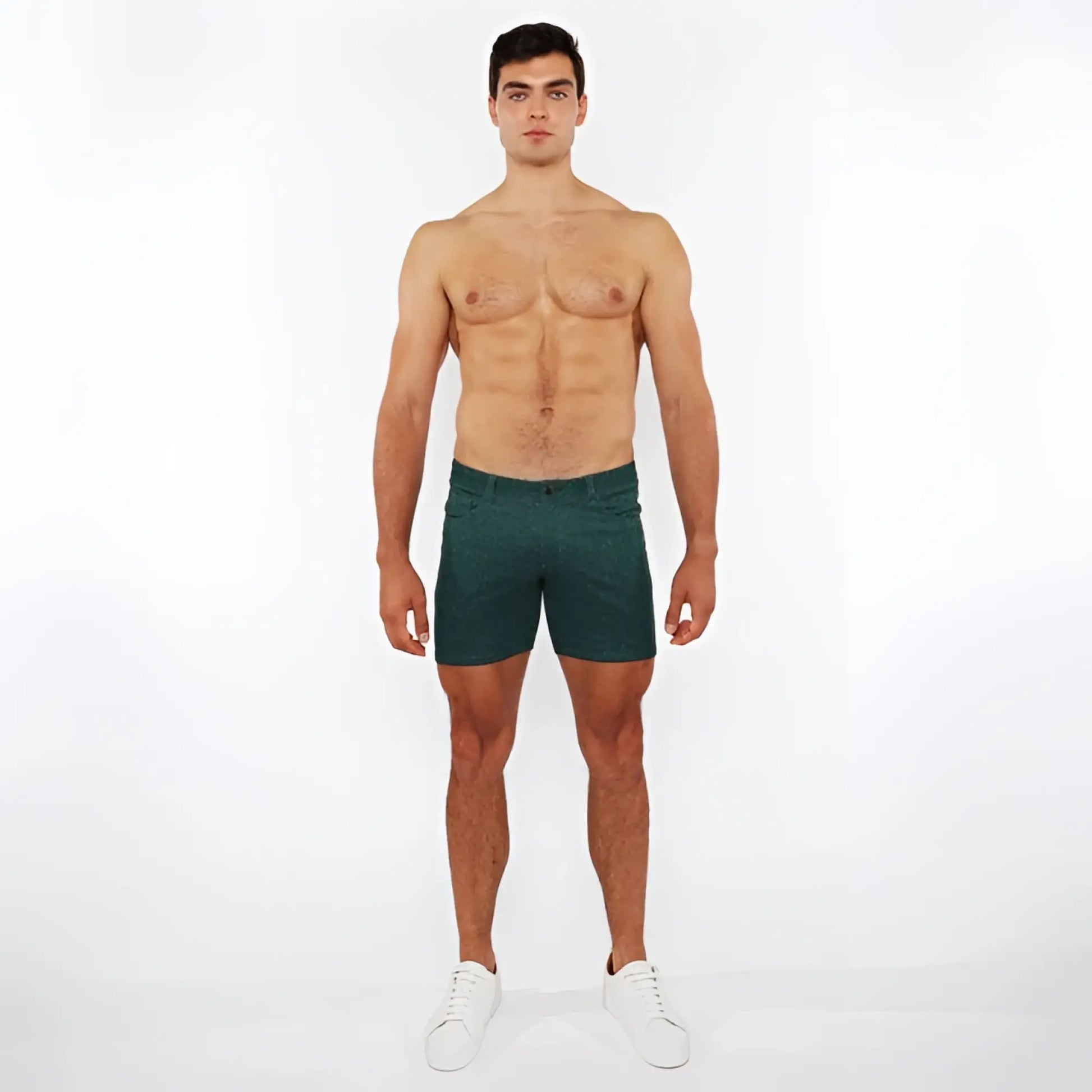 Dark green slim-fit washed denim stretch knit shorts with a classic five-pocket design