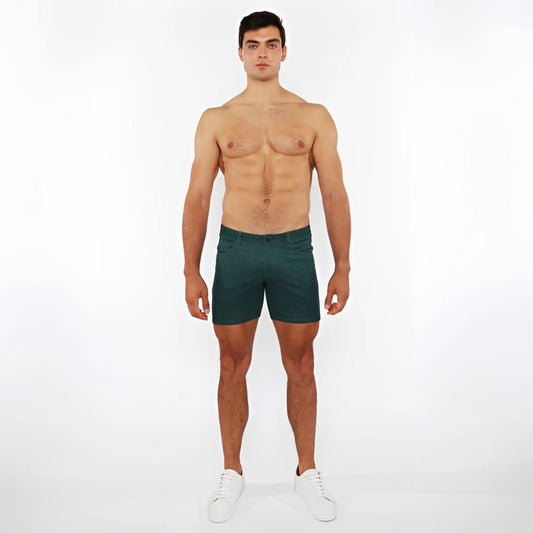 Dark green slim-fit washed denim stretch knit shorts with a classic five-pocket design