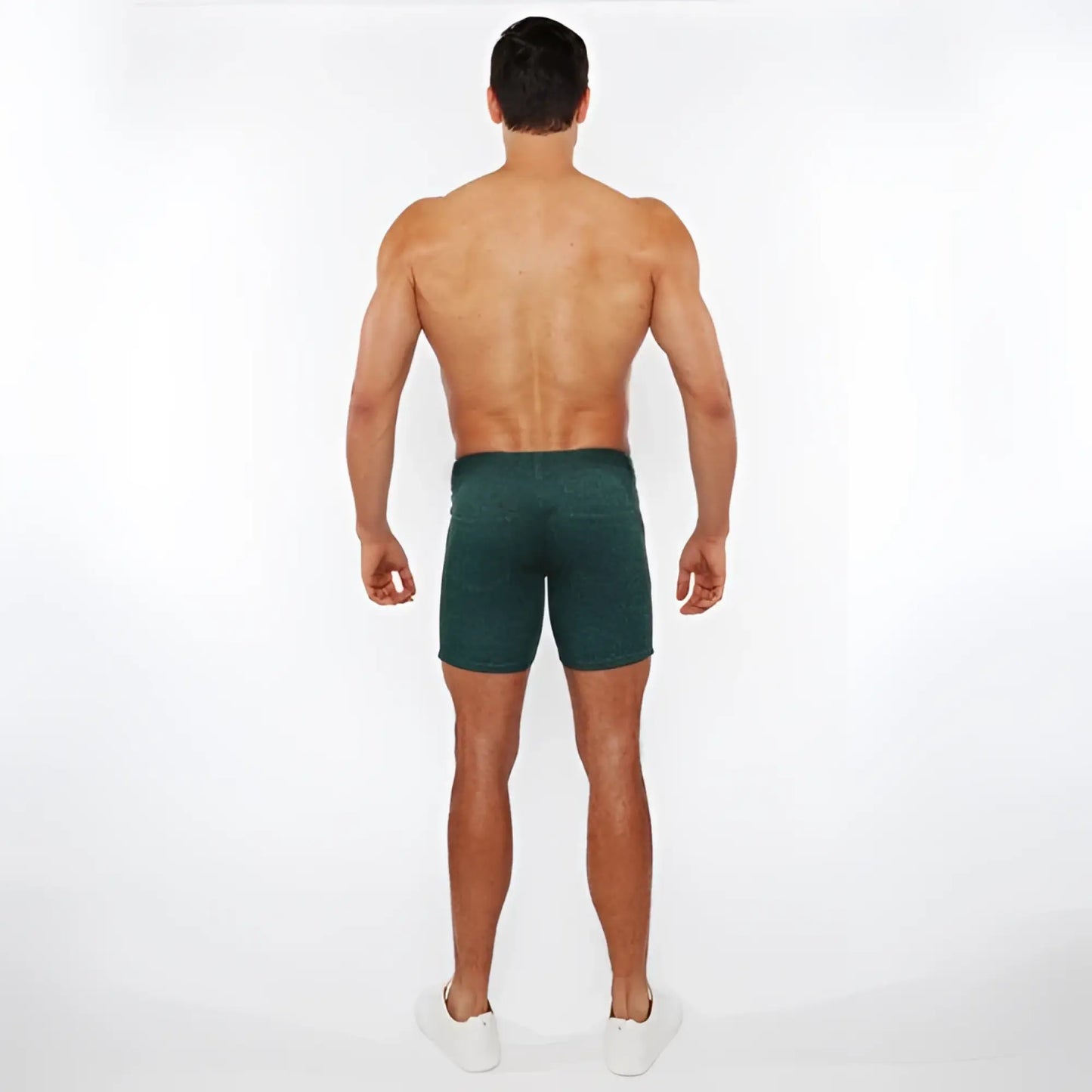 Dark green washed denim stretch knit shorts with textured fabric and fitted cut for casual wear