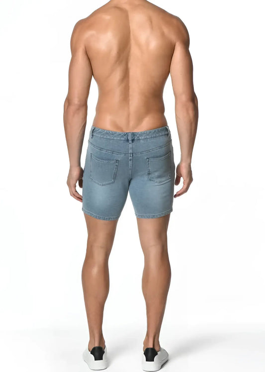 Light-wash denim stretch knit shorts with classic five-pocket design and frayed hem for casual wear