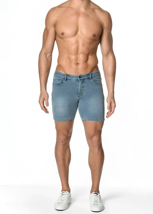 Light-wash denim stretch knit shorts with classic five-pocket design and belt loops for casual wear