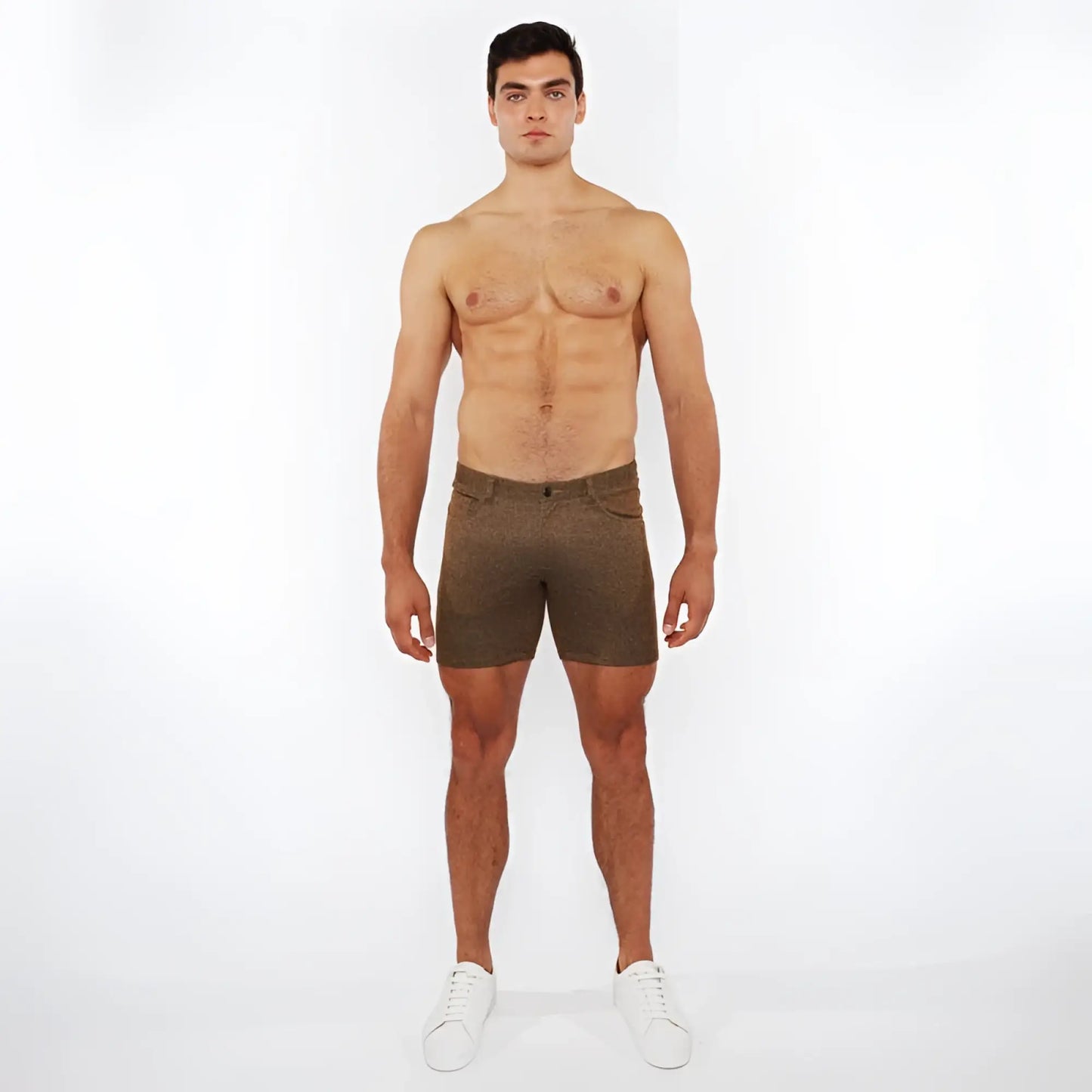 Olive green washed denim stretch knit shorts with textured fabric perfect for casual wear