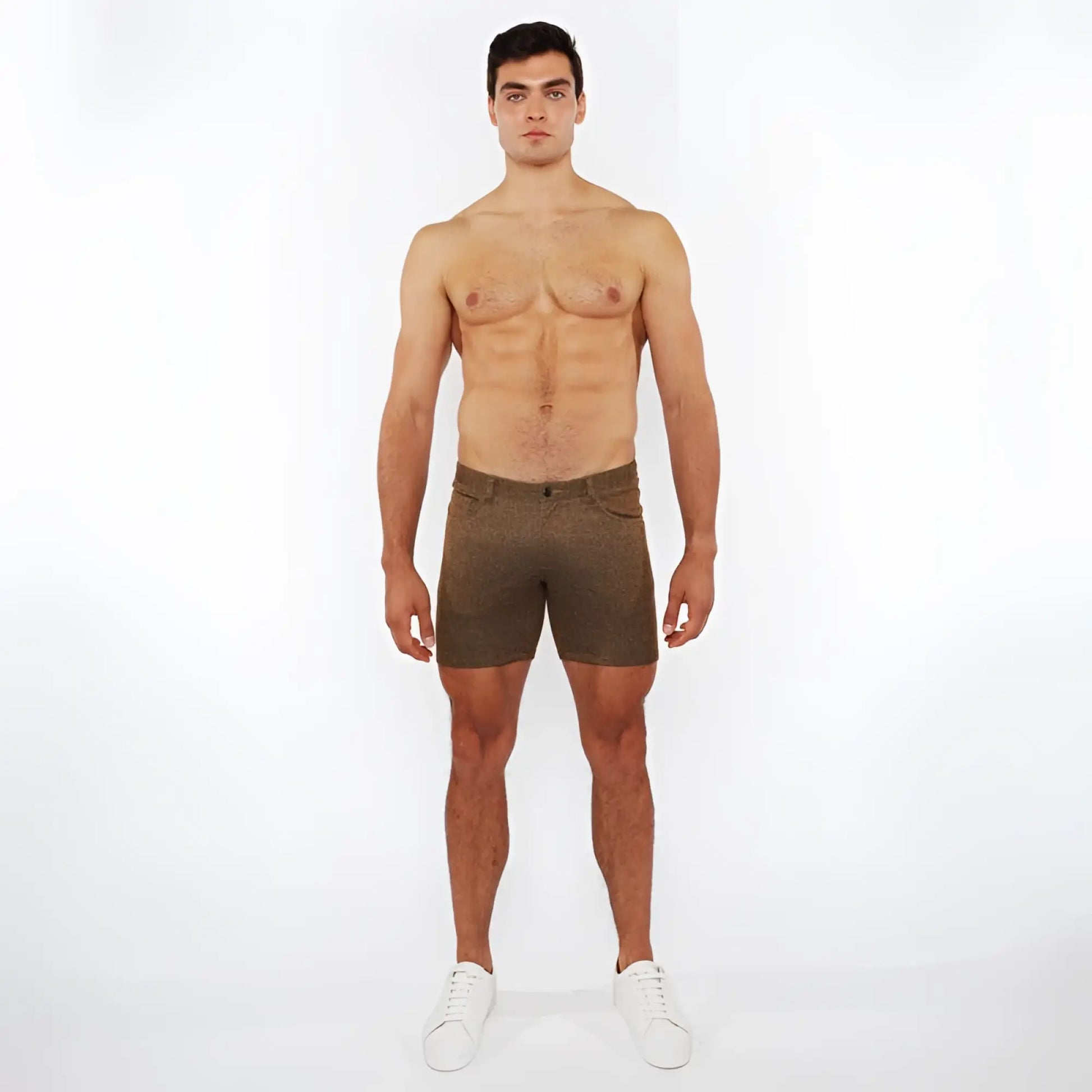 Olive green washed denim stretch knit shorts with textured fabric perfect for casual wear