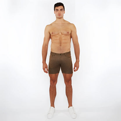 Olive green washed denim stretch knit shorts with textured fabric perfect for casual wear