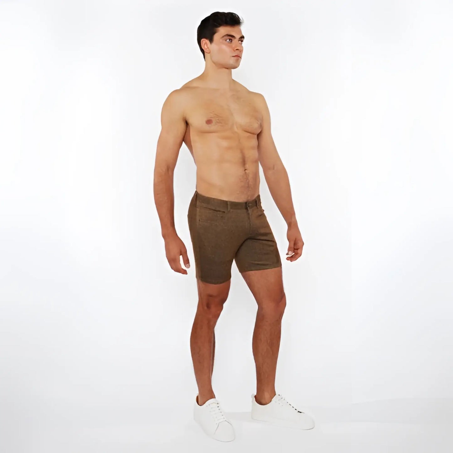 Olive green washed denim stretch knit shorts with textured fabric for comfortable casual wear
