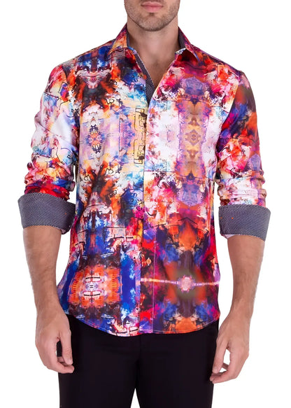 Men’s watercolor art print long sleeve shirt with vibrant red blue purple abstract pattern on textured fabric and gray cuffs
