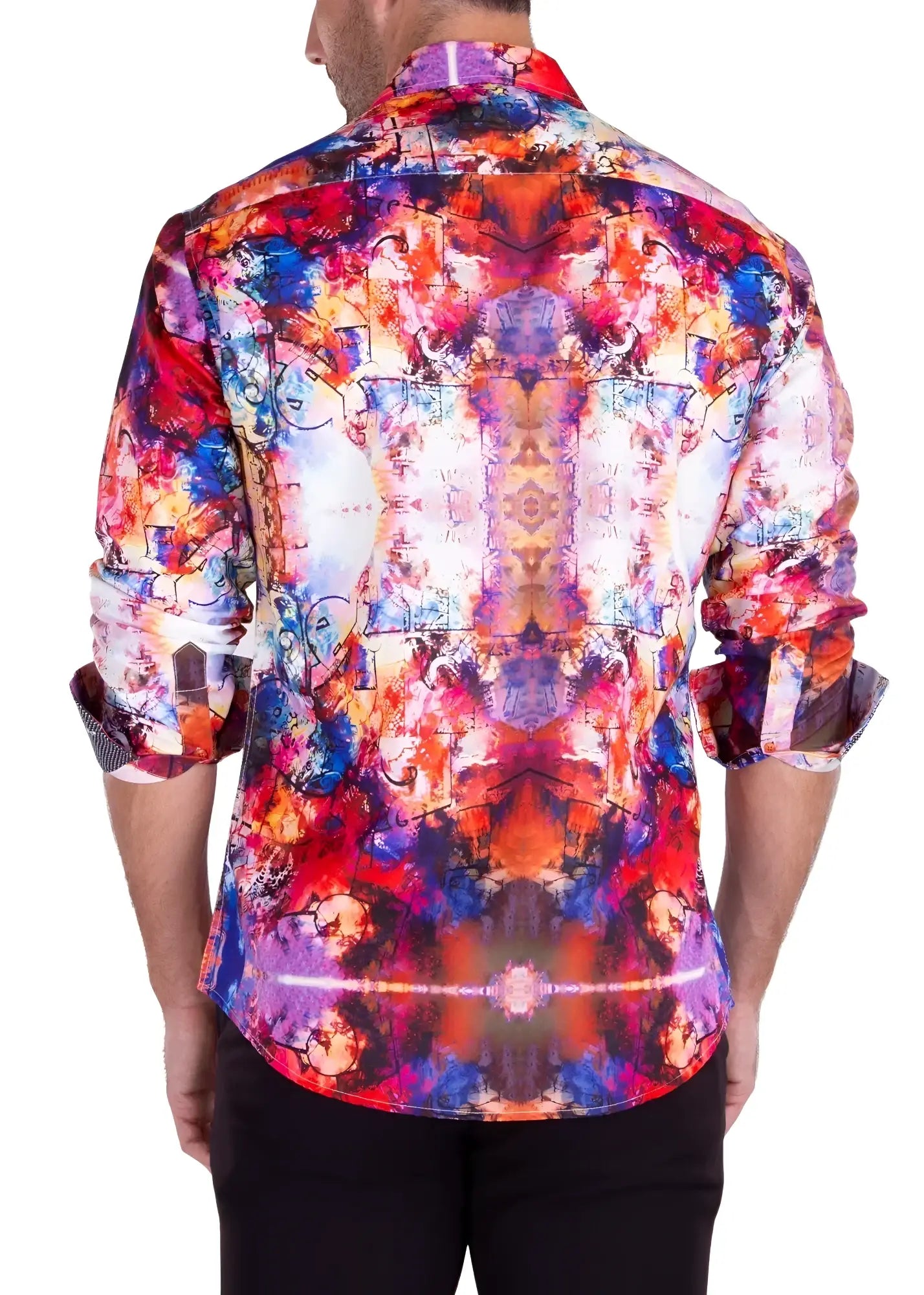 Vibrant watercolor art print l s shirt with bold abstract reds blues purples and oranges in kaleidoscopic design