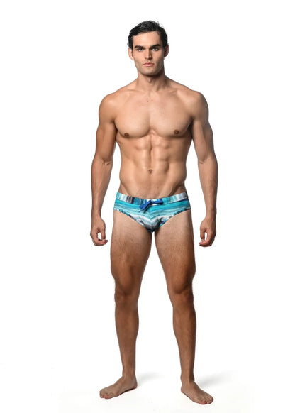 Men’s watercolor stripe printed swim brief in blue and white with tie-side closure for swimming and beachwear