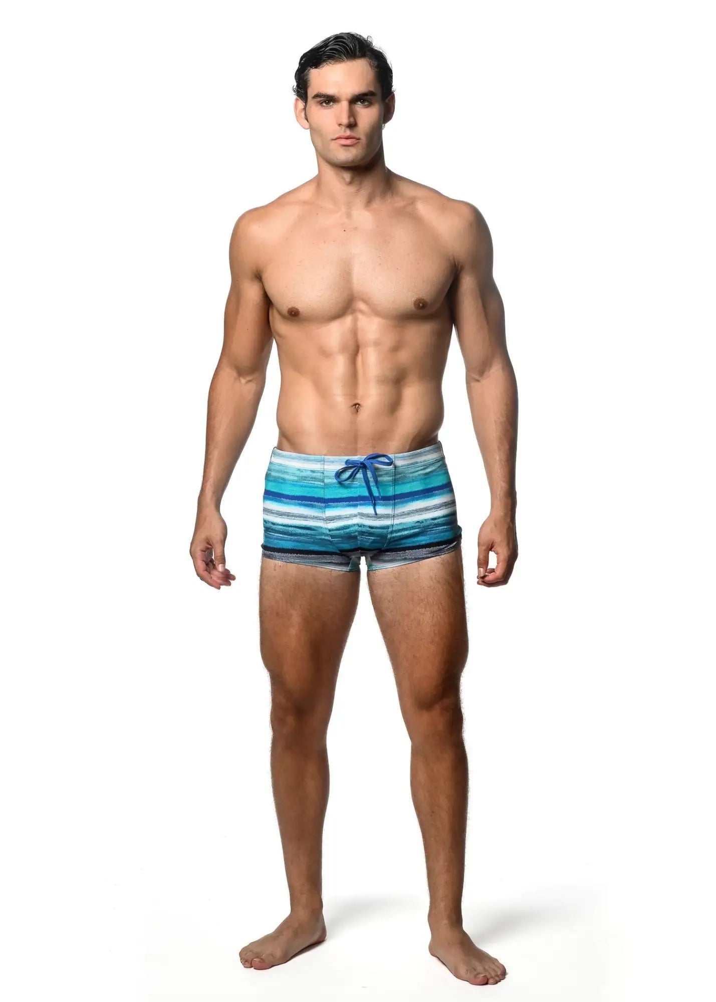 Men’s watercolor stripe printed swim trunk with horizontal blue and white stripes and a matching blue drawstring