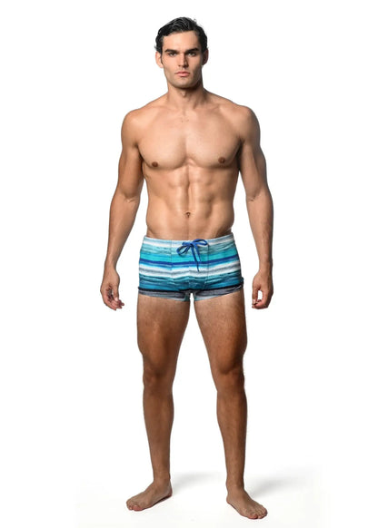 Men’s watercolor stripe printed swim trunk with horizontal blue and white stripes and a matching blue drawstring