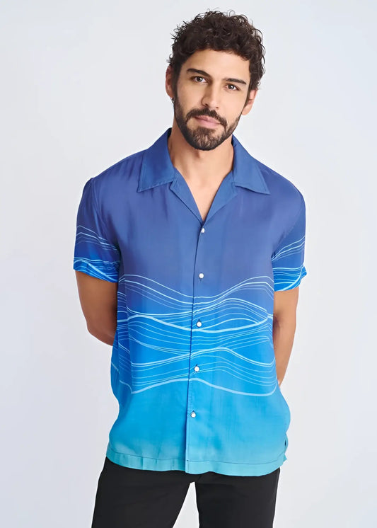 Blue gradient short-sleeved modal shirt with white wavy line pattern waves border print s s modal shirt front view