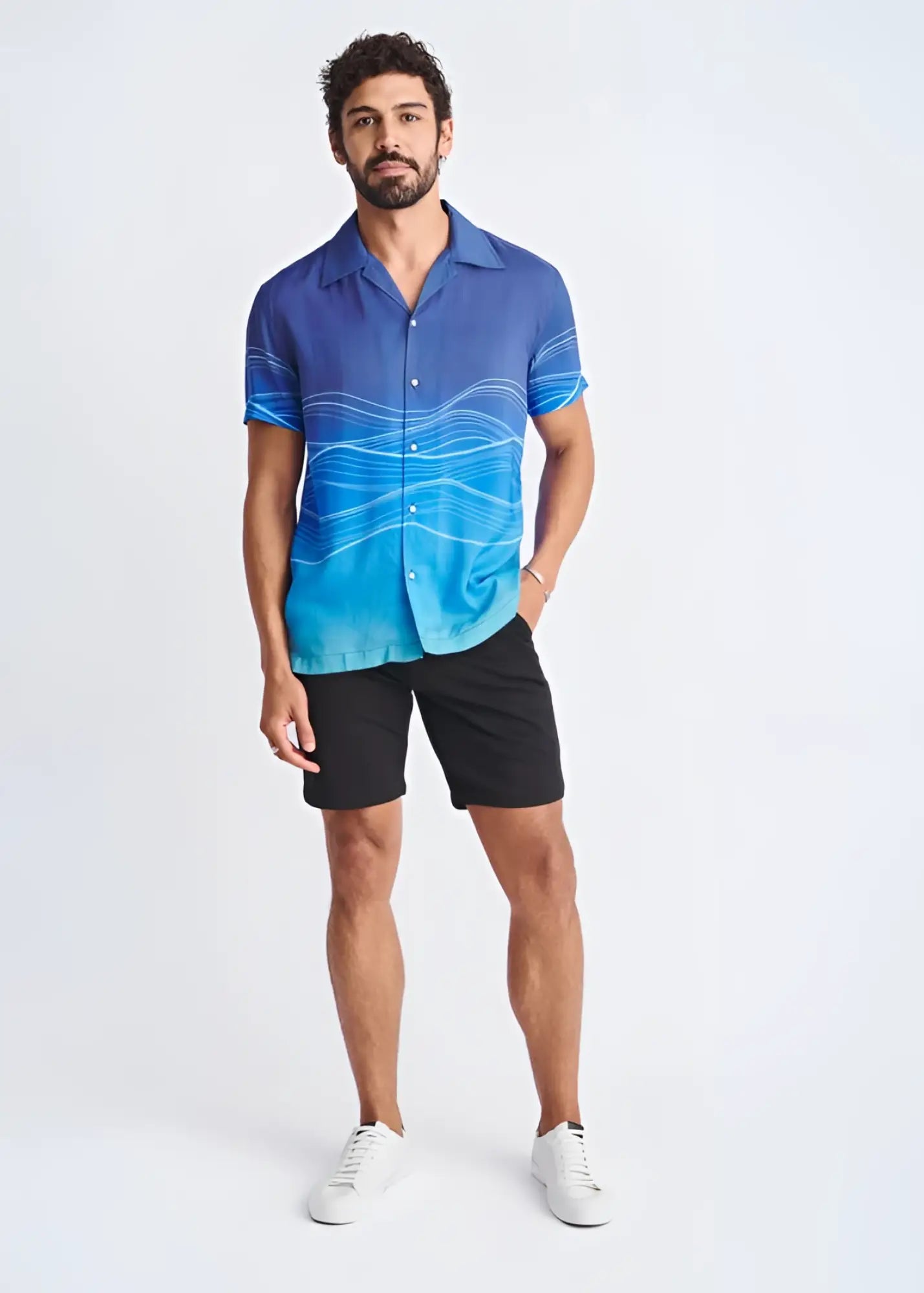 Blue gradient short-sleeved modal shirt with white wavy line print featuring waves border design
