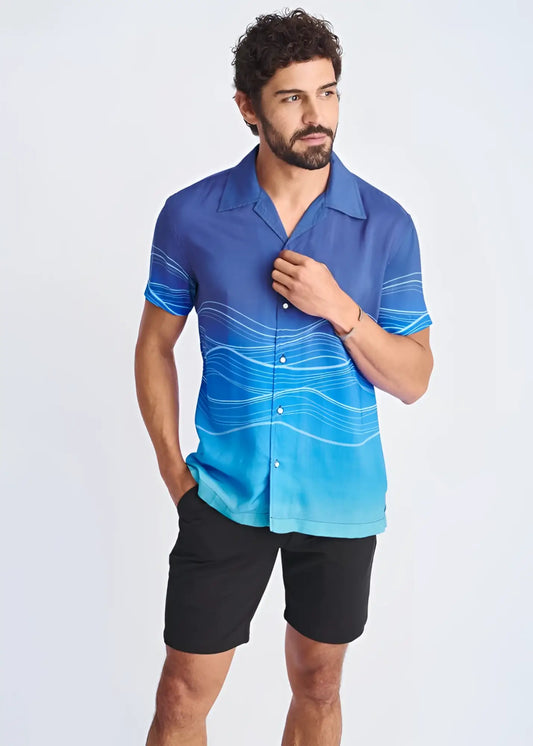 Blue gradient short-sleeved modal shirt with white wavy line pattern waves border print s slash s modal shirt
