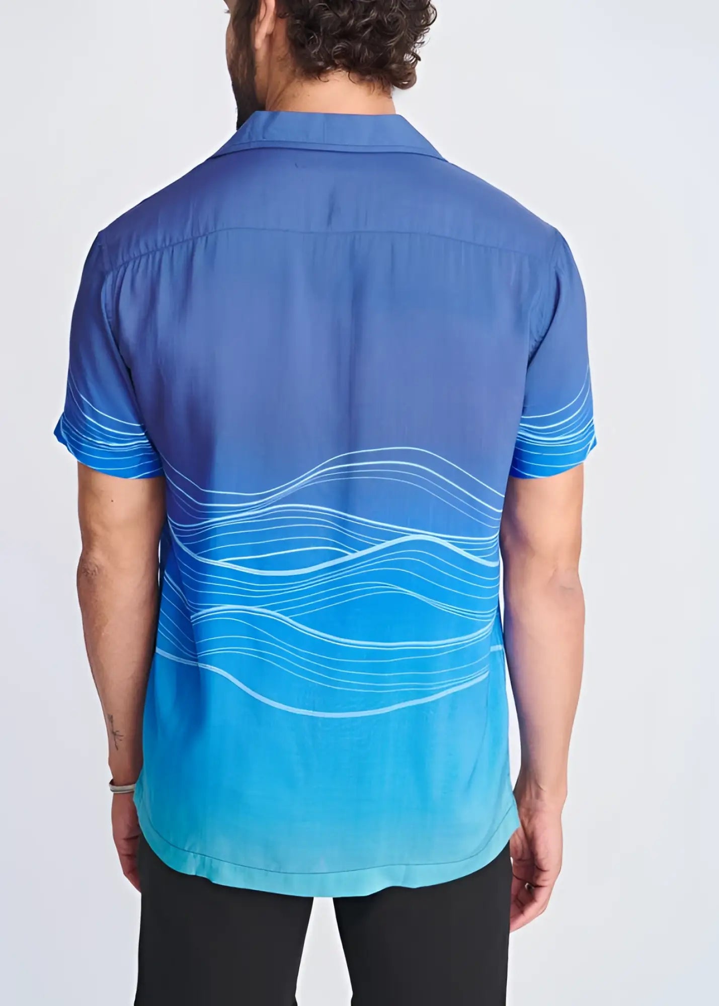 Blue gradient short-sleeved modal shirt with white wavy line pattern waves border print s s modal shirt