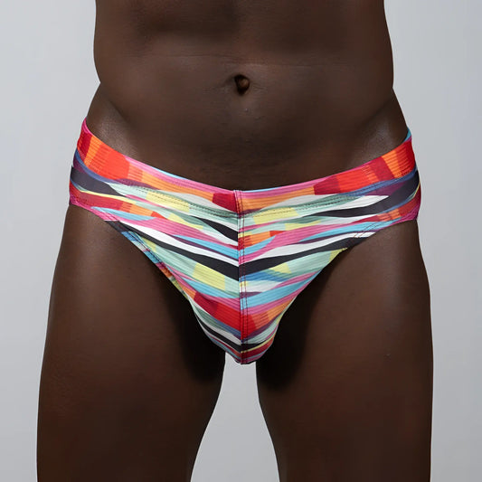 Waves print brief vibrant abstract-striped men’s briefs in red orange pink yellow blue and black colors