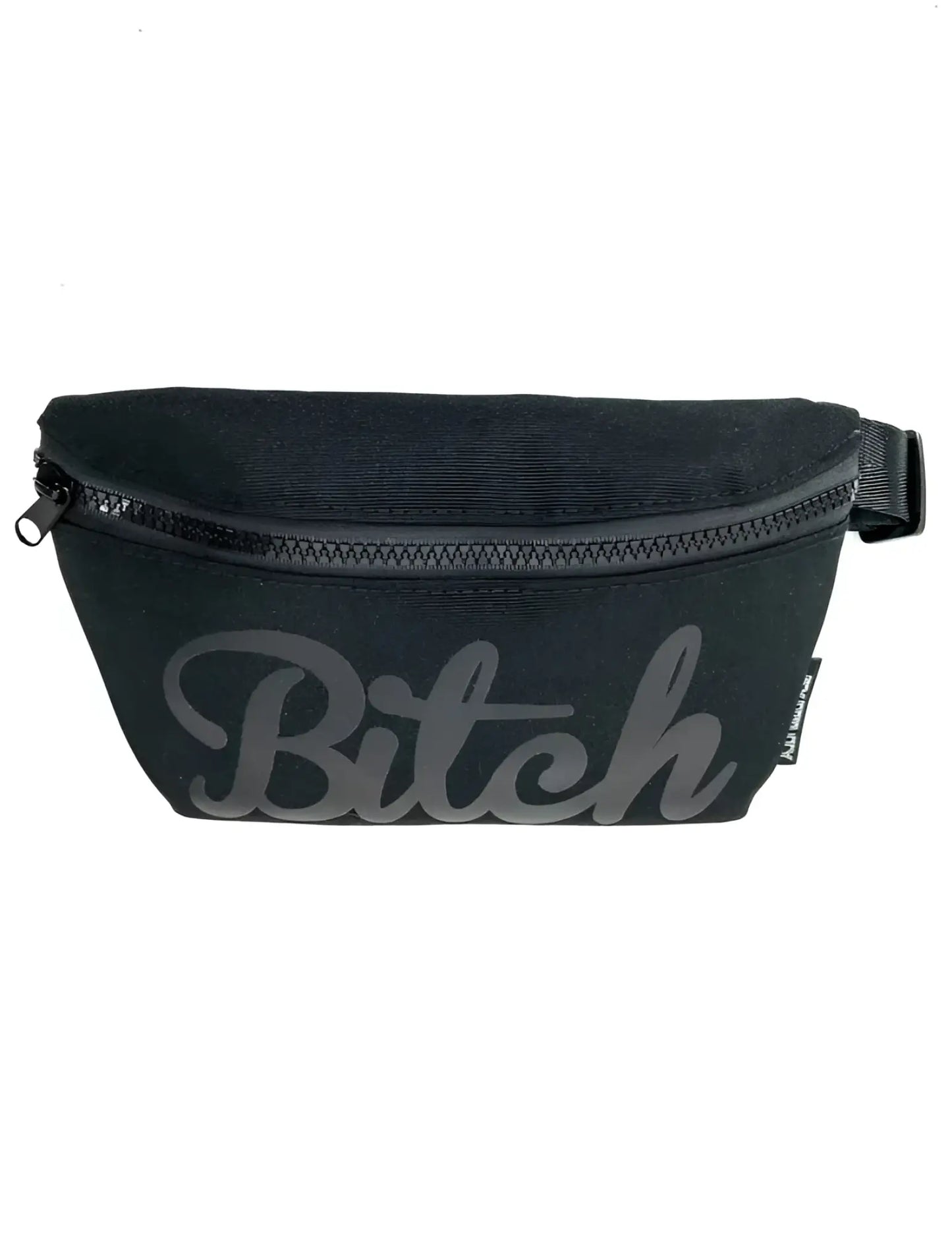 Black canvas ultra slim fanny pack with gray cursive bitch logo and black zipper from WERDS