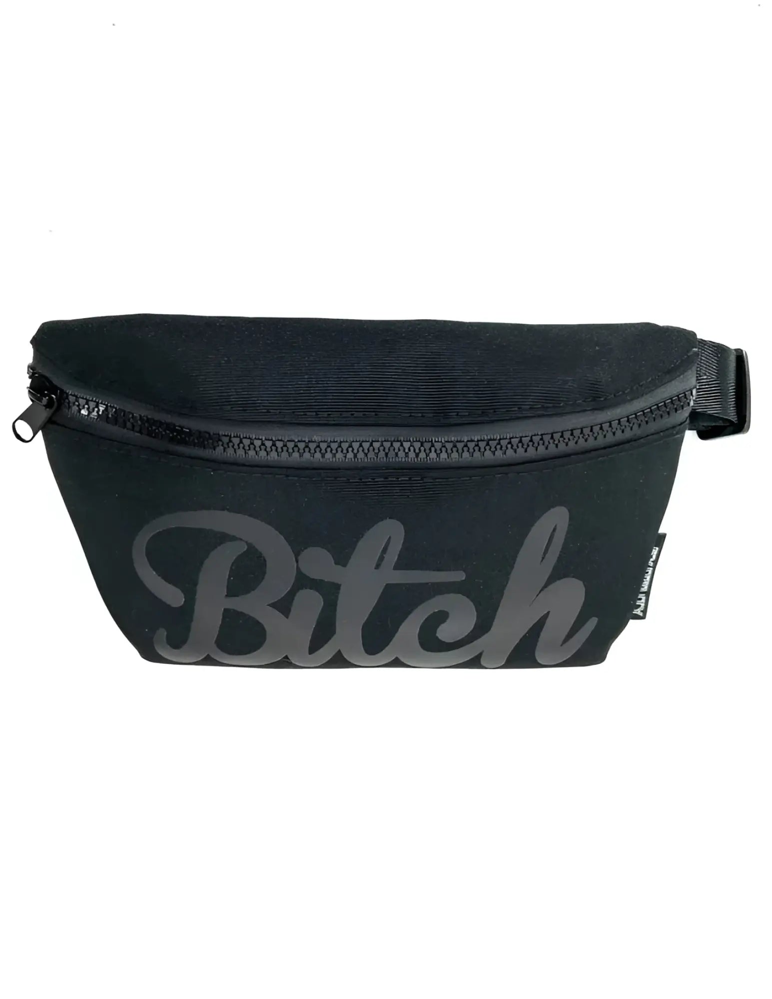 Black canvas ultra slim fanny pack with gray cursive bitch logo and black zipper from WERDS