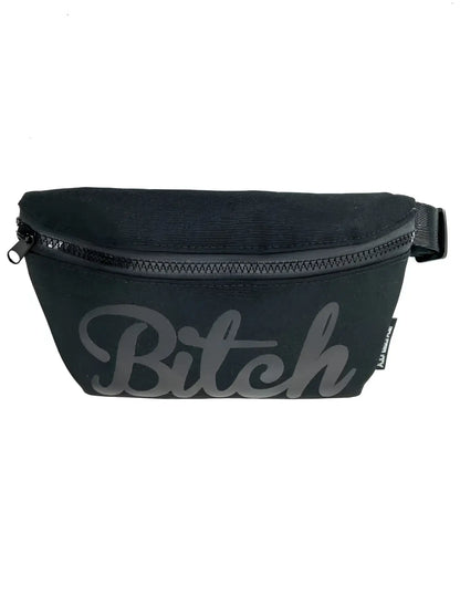 Black canvas ultra slim fanny pack with gray cursive bitch logo and black zipper from WERDS
