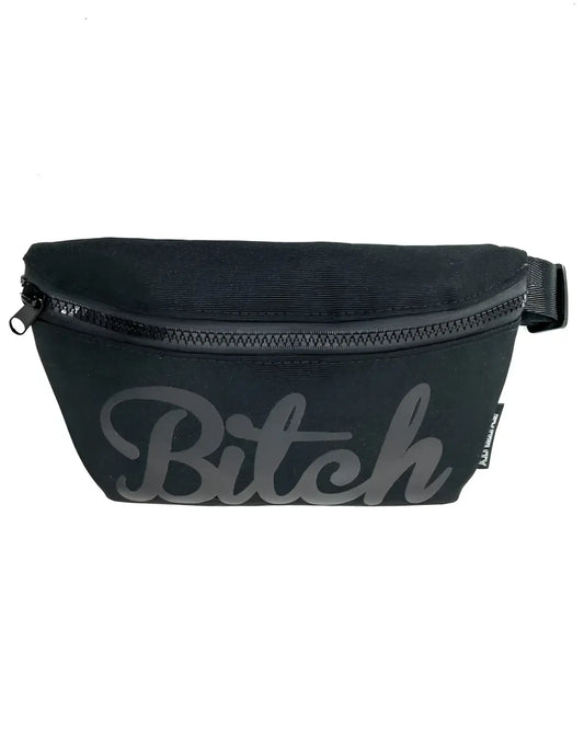 Black canvas ultra slim fanny pack with gray cursive bitch logo and black zipper from WERDS