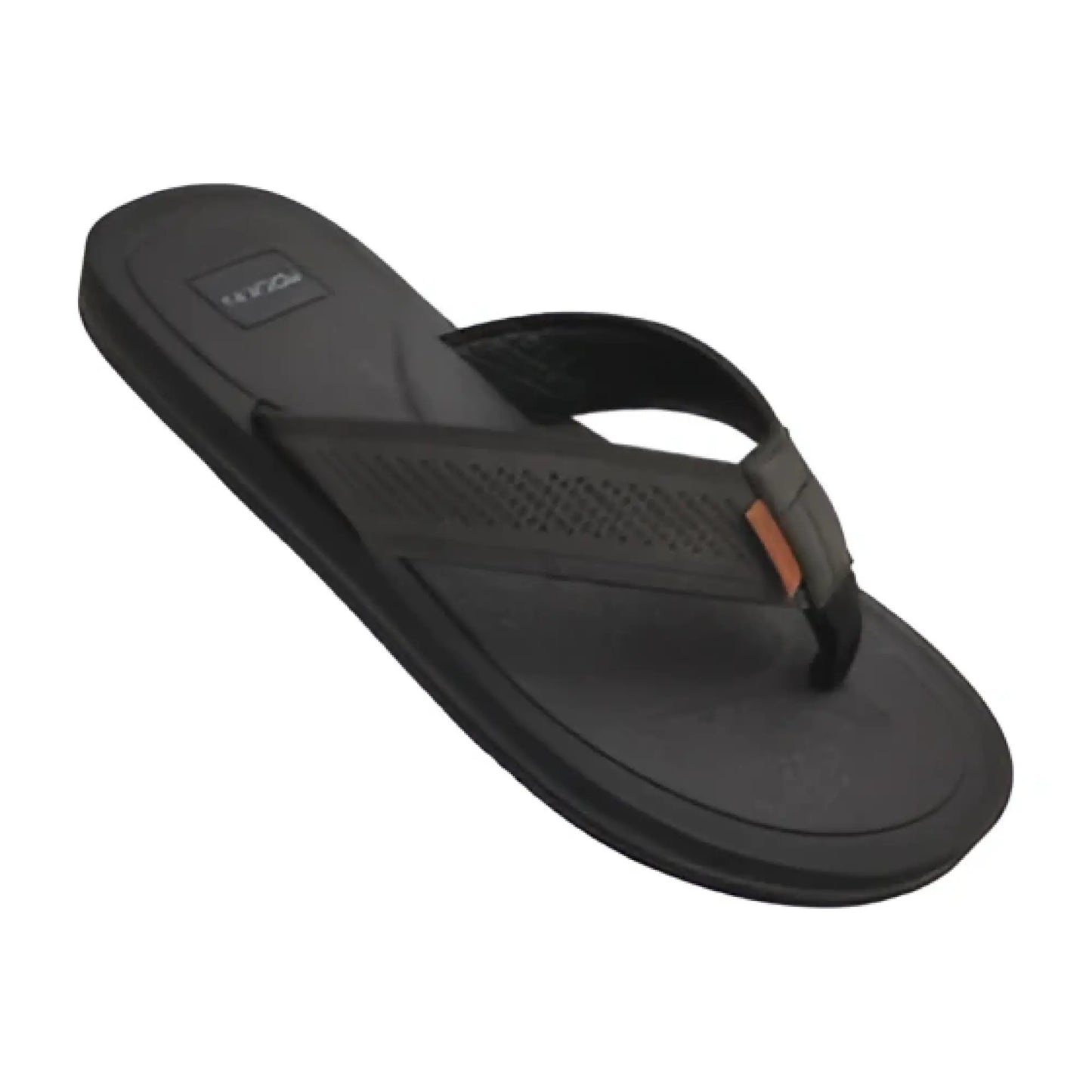 Black WHARF sandal rubber flip-flop with perforated strap and tan leather accent