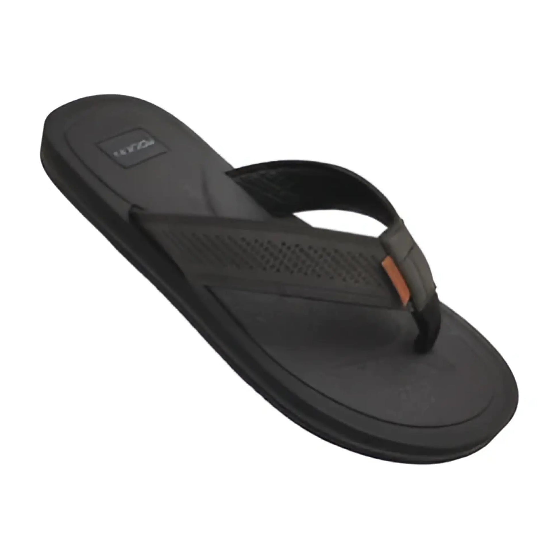 Black WHARF sandal rubber flip-flop with perforated strap and tan leather accent
