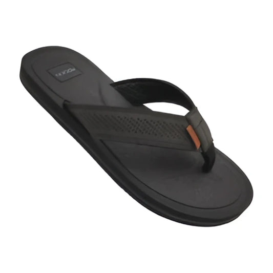 Black WHARF sandal rubber flip-flop with perforated strap and tan leather accent