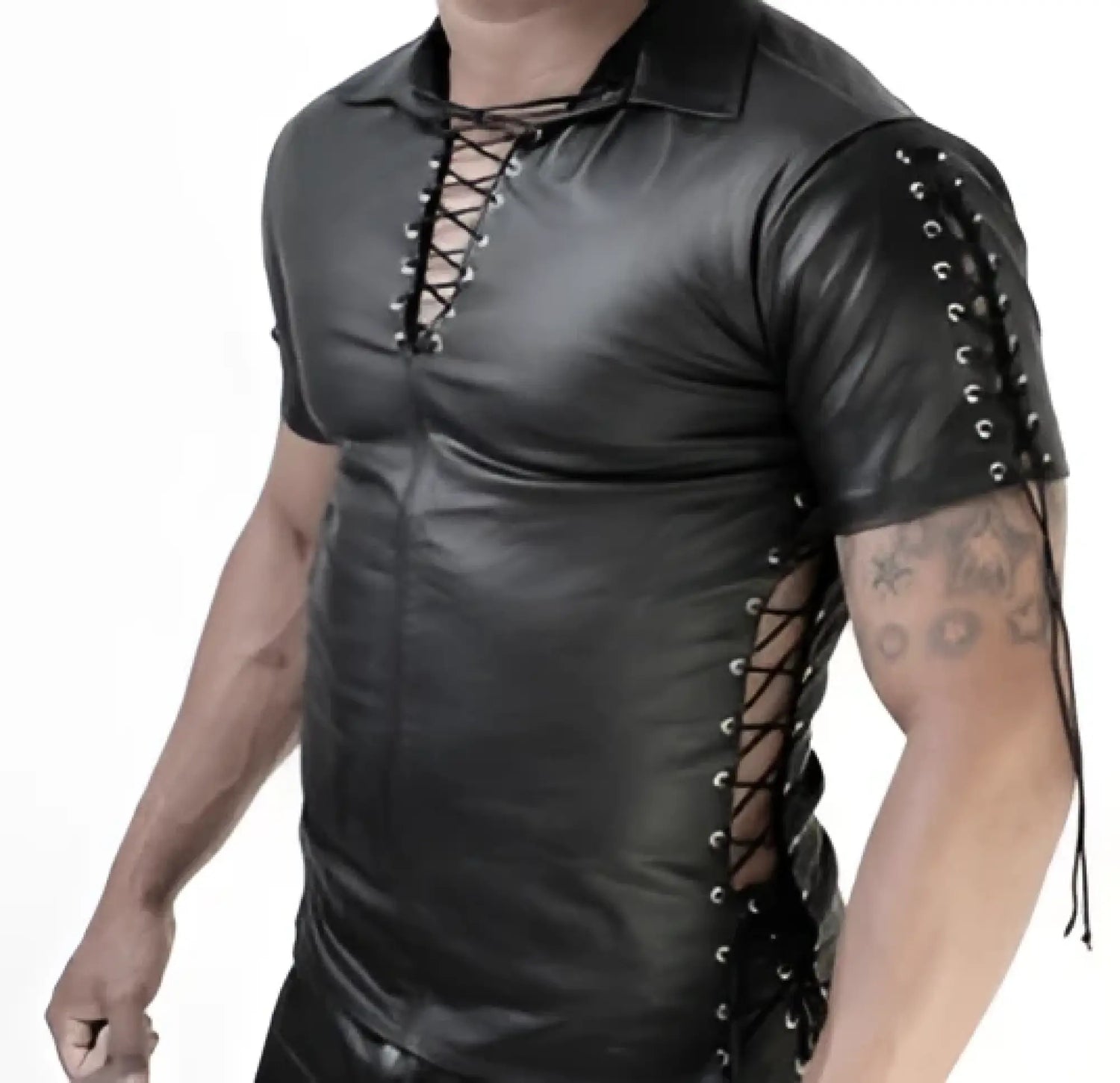 Black leather lace-up short sleeved shirt with silver eyelets and reinforced arm detailing size m whip it leather sn12