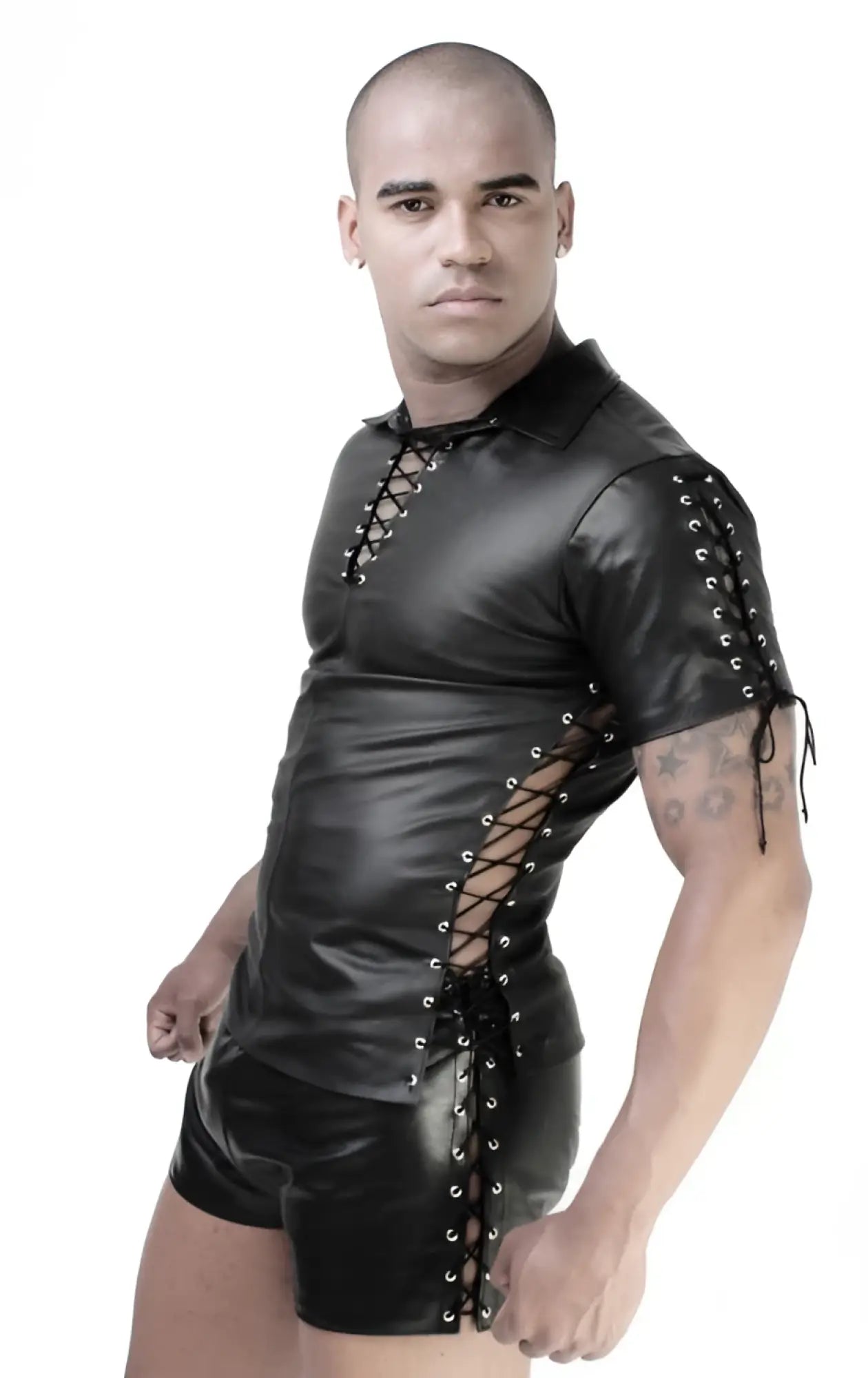 Black leather lace-up top with silver eyelets and matching shorts in whip it leather multi lace short sleeved shirt sn12 size m
