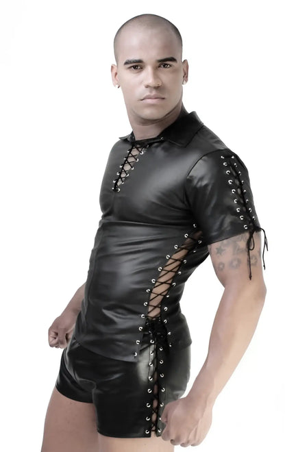 Black leather lace-up top with silver eyelets and matching shorts in whip it leather multi lace short sleeved shirt sn12 size m
