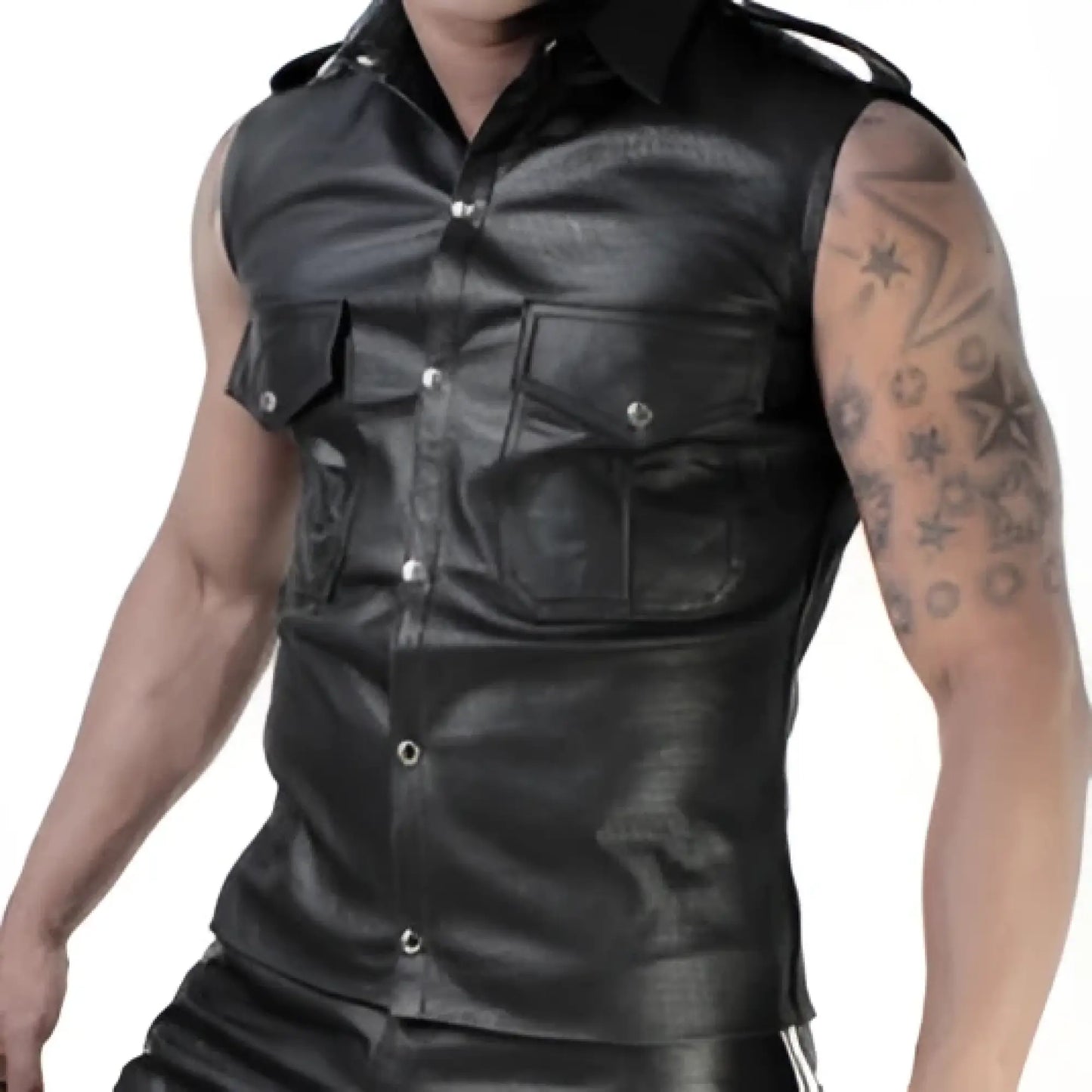Black leather sleeveless muscle shirt with button closures and perforated flap pockets size m whip it sn7