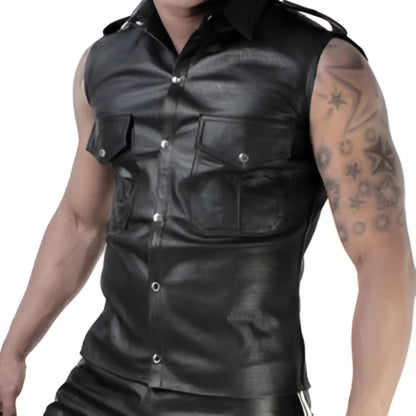 Black leather sleeveless muscle shirt with button closures and perforated flap pockets size m whip it sn7
