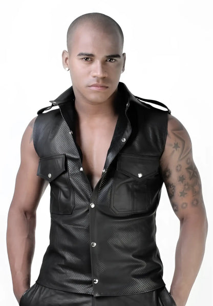 Black leather perforated vest with silver buttons whip it sleeve muscle shirt sn7 size m