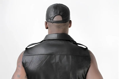 Black leather whip it perforated pocket sleeveless muscle shirt with textured front and adjustable shoulder straps size m