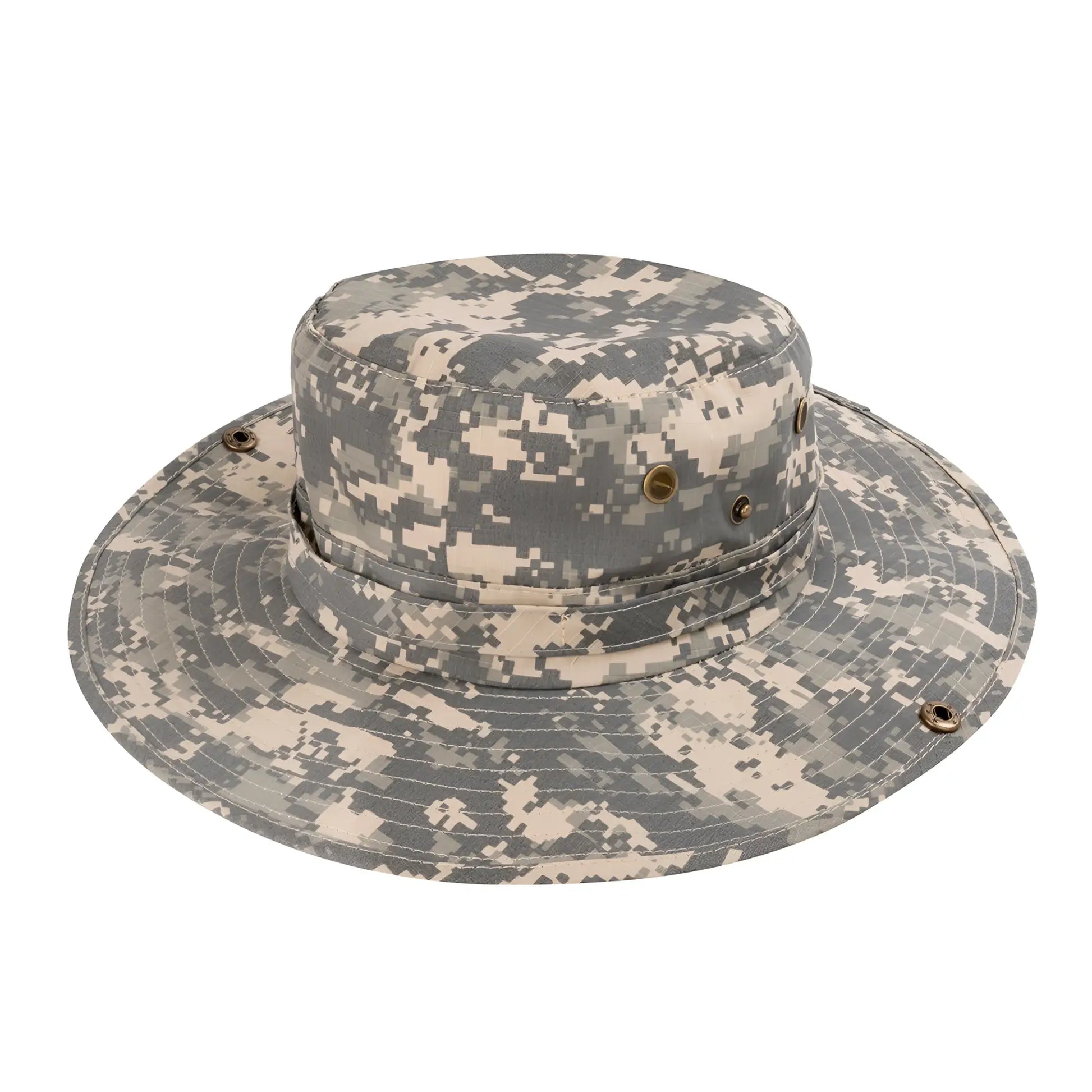 Wide brim camo boonie hat in gray and beige digital camouflage with a wide brim for sun protection and outdoor use
