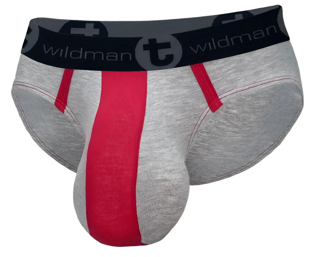 Gray cotton briefs with a red center panel, red accents, and a black elastic waistband featuring WildmanT branding.