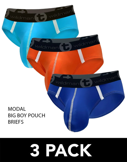 Three WildmanT modal pouch briefs in cyan, orange, and blue with black branded elastic waistbands and white stitching.