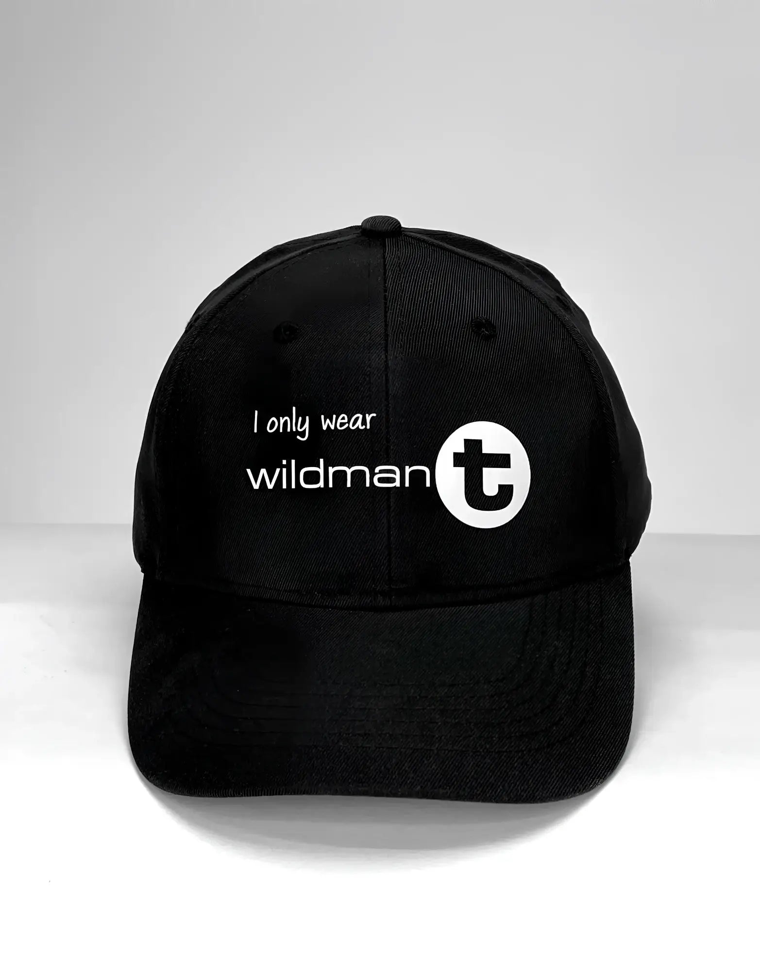 Black baseball cap with white embroidered i only wear wildmant text and circular t logo wildmant ball cap