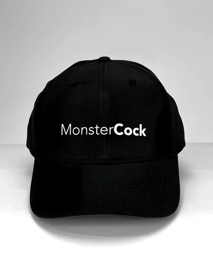 Black baseball cap with "MonsterCock" printed in white, sans-serif font across the front.