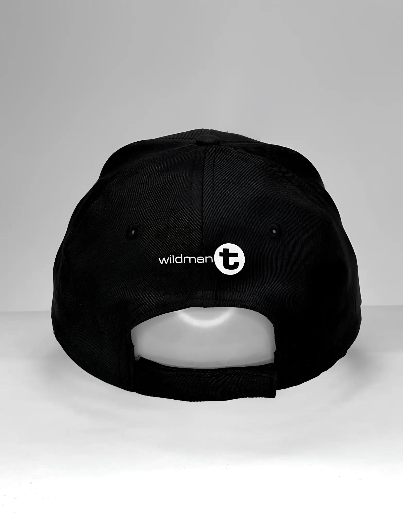 Black wildman t ball cap with white logo and circular emblem on the back in size matters just ask your boyfriend design
