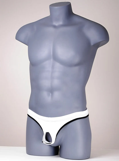 White WildmanT Ball Lifter Protruder 2 jockstrap with black trim on a gray mannequin torso.